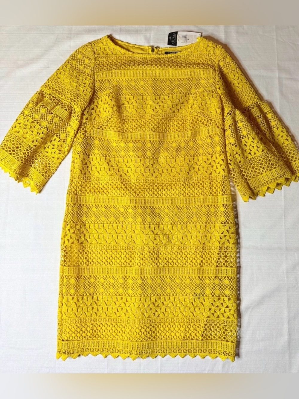 Ralph Lauren Women’s Sheath Dress Yellow Lace 3/4 Bell Sleeve Size 4 NWT